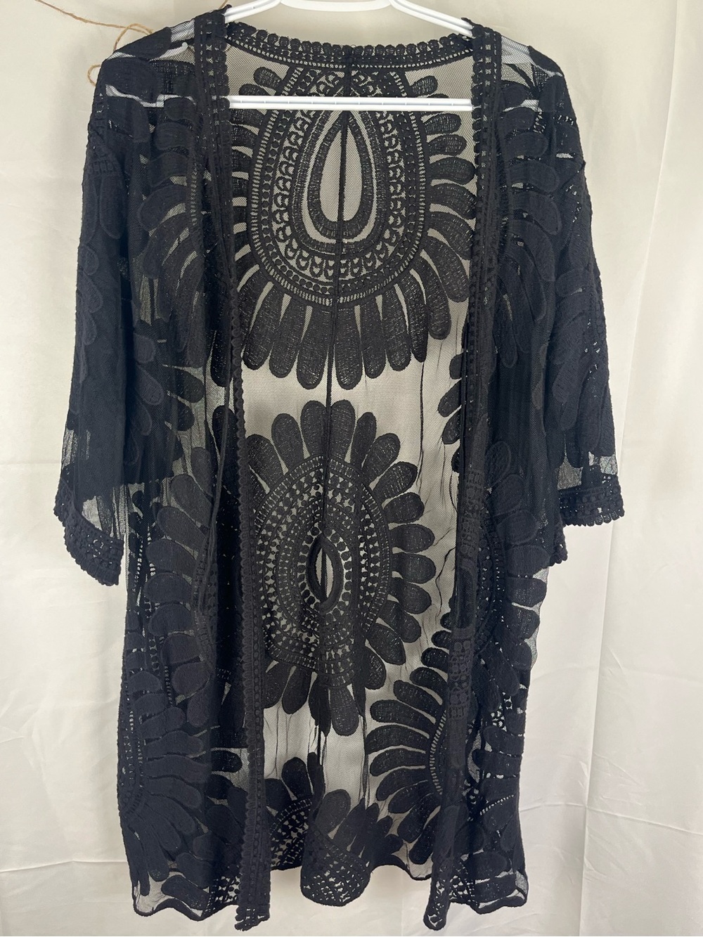 Black Boho Embroidered Lace Sheer Mesh Kimono Duster / Swim Beach Cover Up - Picture 2 of 8